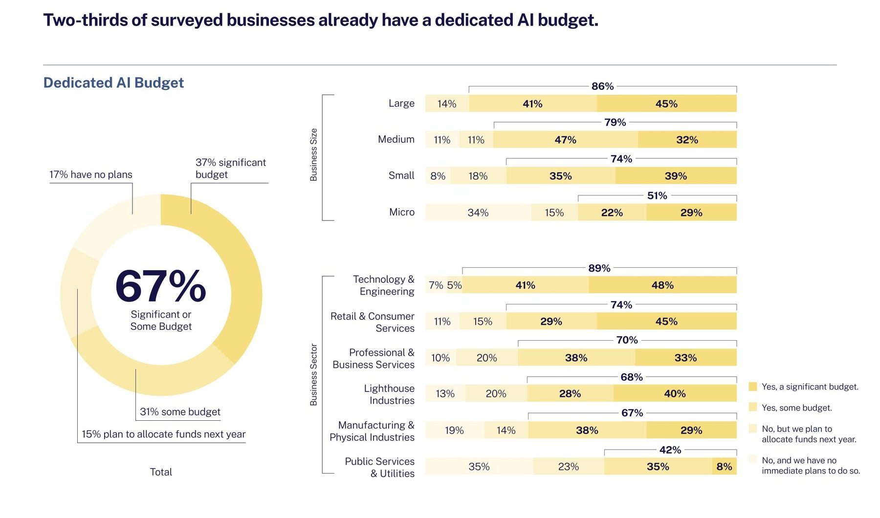 Stacked bar chart of dedicated AI budget by business size and sector.